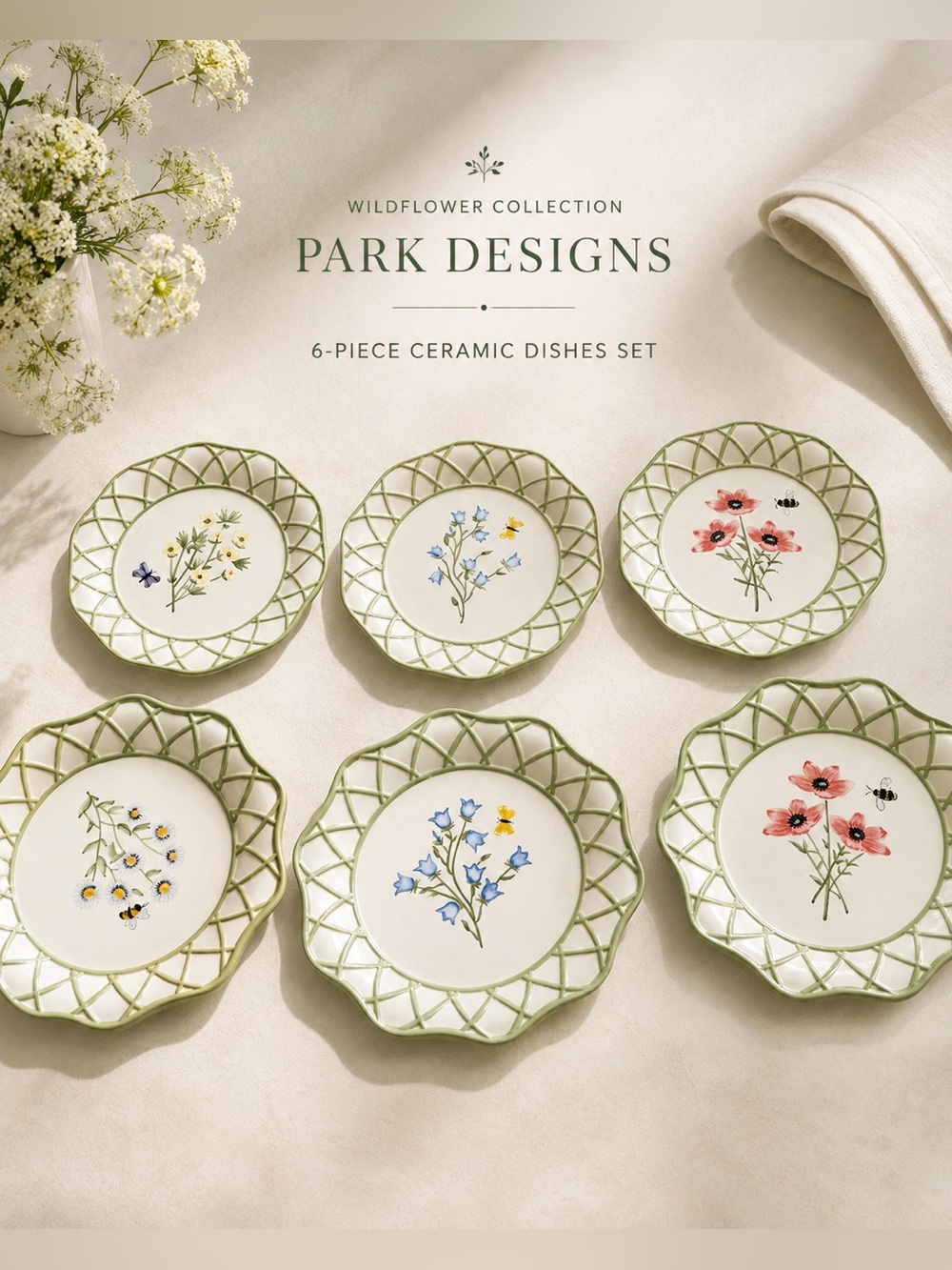 Park design Wildflower Ceramic Dessert Plate Set - Green Trim
